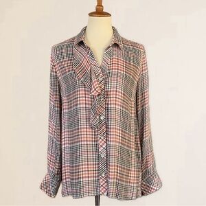 NWT J. Jill Ruffled Plaid Button Front Top TeaRose Size Medium